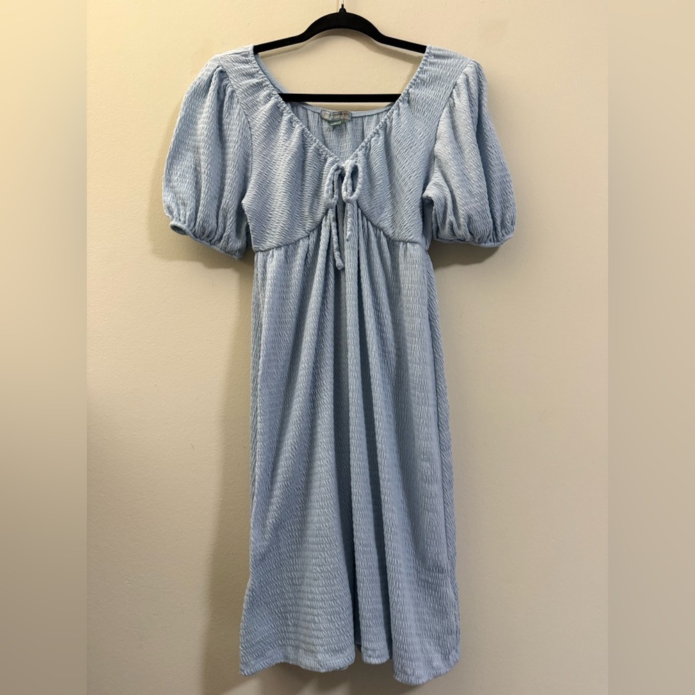 Good Luck Gem Puffy Sleeve V-Neck Textured Mini Dress in Light‎ Blue - L